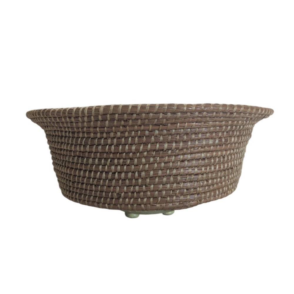 Handwoven Footed Pine Needle Basket Bowl with Ceramic Bottom Artist Signed
